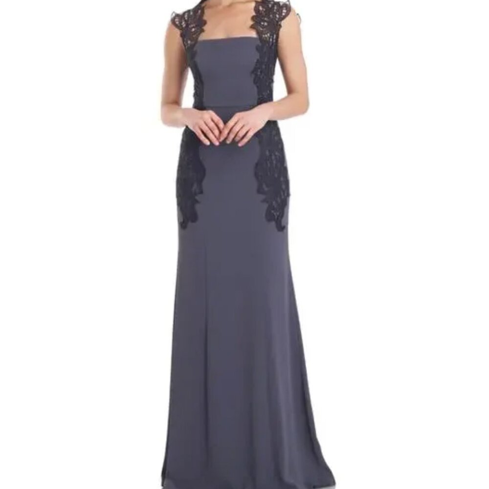 JS Collections Women's Formal Dress Size 8 Blue Crepe and Lace Sleeveless Gown